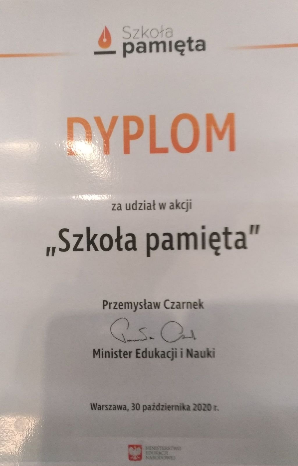 Dyplom za udział w akcji Szkoła pamięta